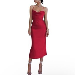 NWT Women’s Red Satin Slip Open Back Crisscross Cowl Neck Midi Dress Sz Medium